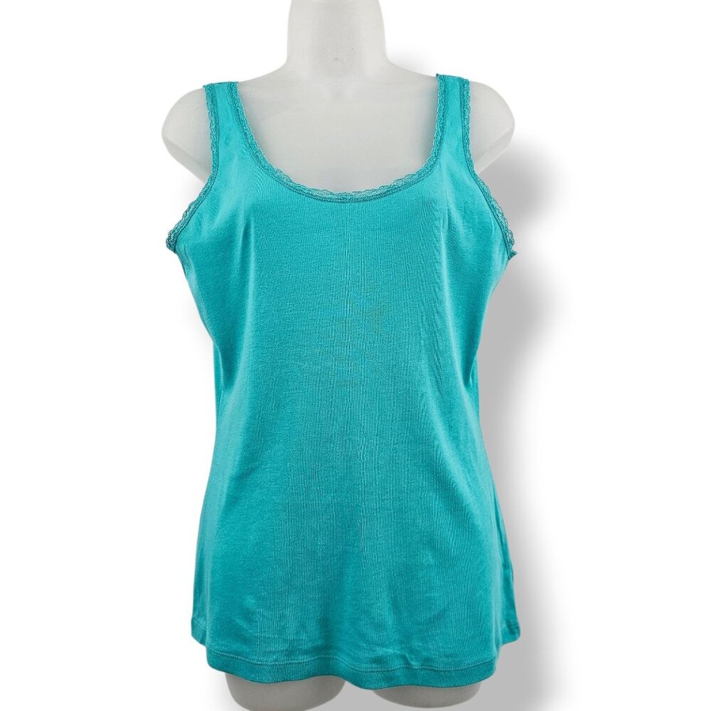 Vintage Y2K Lace Trim Tank Top M Sleeveless Aqua Blue Cottagecore Boho Coquette